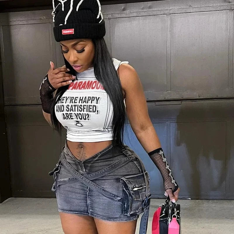 J&H 2Spicy Girl Printed Sleeveless Tank Top 2024 American Summer Y2k New Slim Fit Open Navel Versatile T-shirt