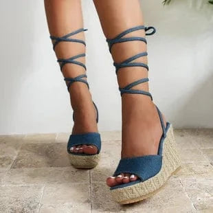 J&H chic lace up wedge heels ladies sexy platform bandage heeled sandals denim cloth fashion big size women shoes