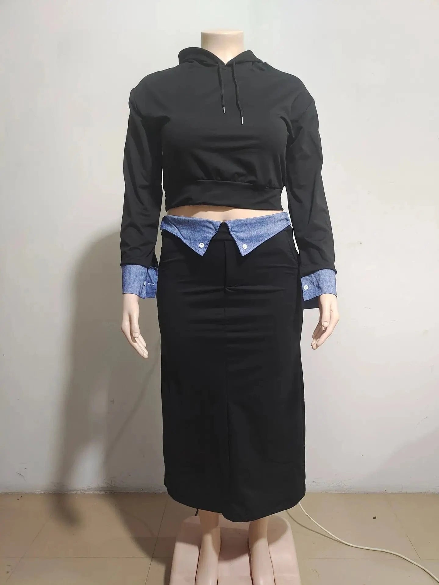 J&H Denim Patchwork Women's Set Long Sleeve Hooded Sweatshirt And Bodycon Maxi Skirts Suit 2024 Two 2 Piece Set Outfit