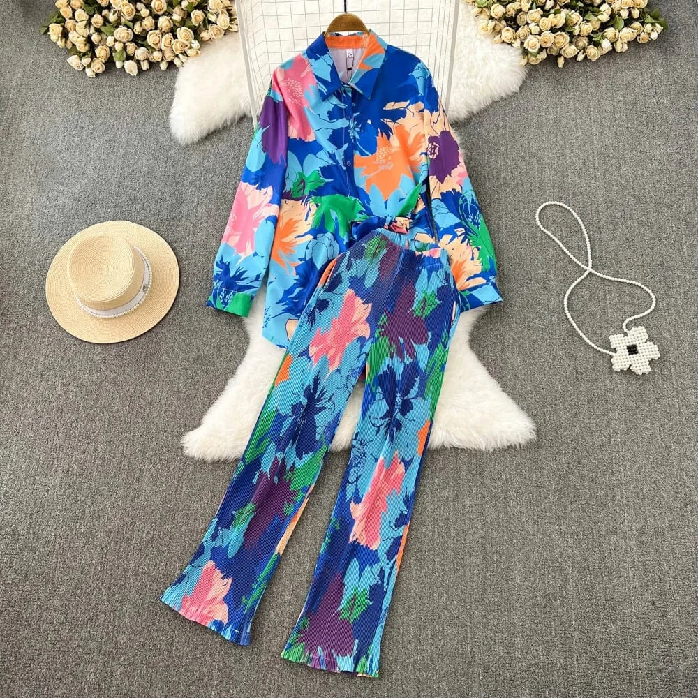 J&H Fashion 2024 Long Sleeve Tie Dye Shirt Women Two Piece Pants Set Summer Casual Loose Fit Clothing Sets