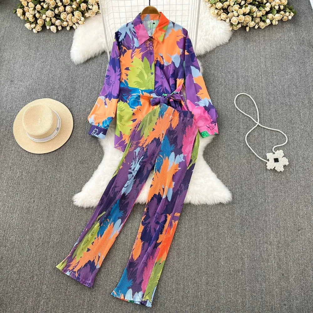 J&H Fashion 2024 Long Sleeve Tie Dye Shirt Women Two Piece Pants Set Summer Casual Loose Fit Clothing Sets