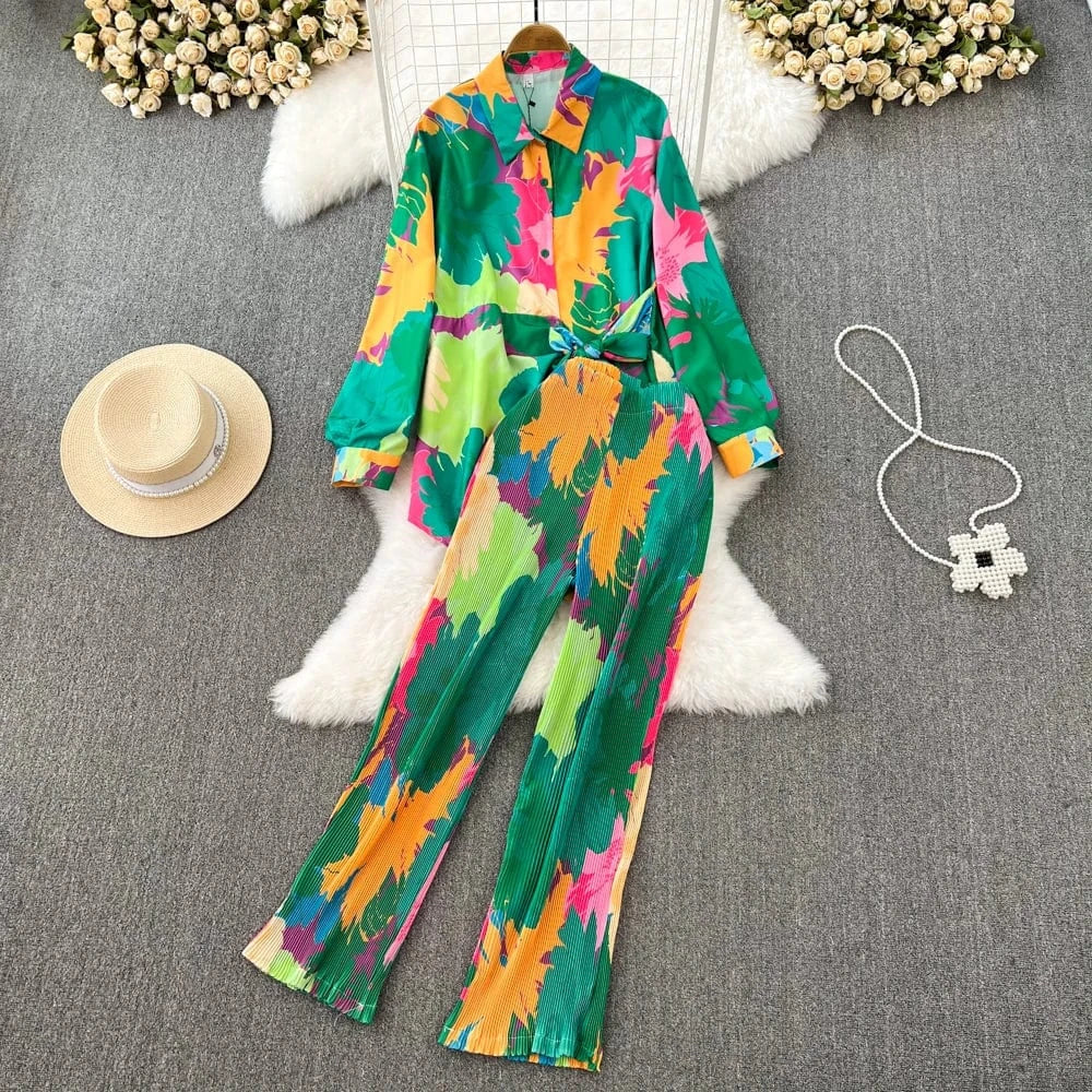 J&H Fashion 2024 Long Sleeve Tie Dye Shirt Women Two Piece Pants Set Summer Casual Loose Fit Clothing Sets