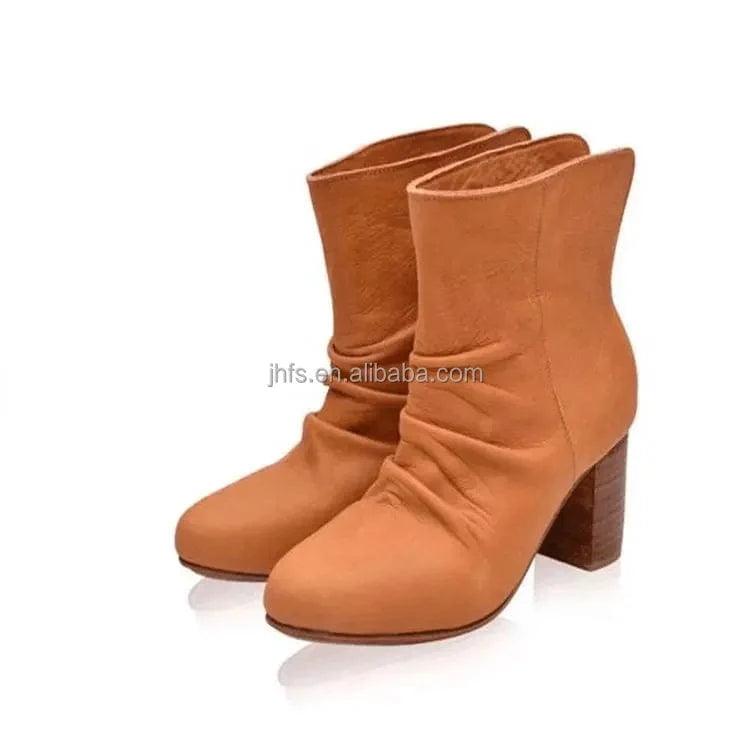 J&H Fashion autumn winter new style big size round head thick heel high heel short boots natural roll Martin bootsv