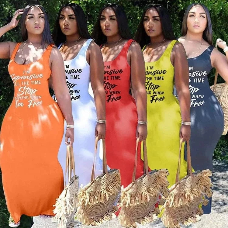 J&H fashion chic scoop neck tank top sleeveless statement shirt full length sexy bodycon women autumn dresses summer clothes