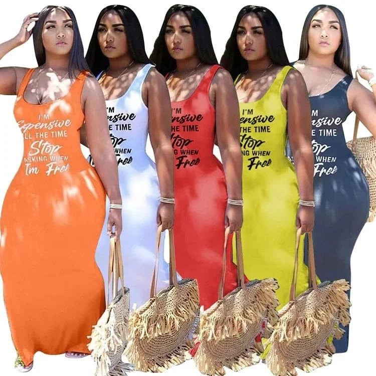 J&H fashion chic scoop neck tank top sleeveless statement shirt full length sexy bodycon women autumn dresses summer clothes