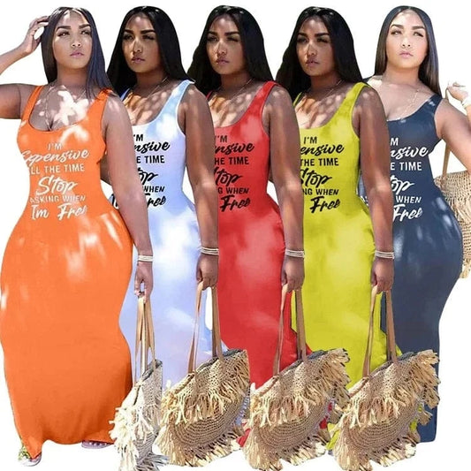 J&H fashion chic scoop neck tank top sleeveless statement shirt full length sexy bodycon women autumn dresses summer clothes