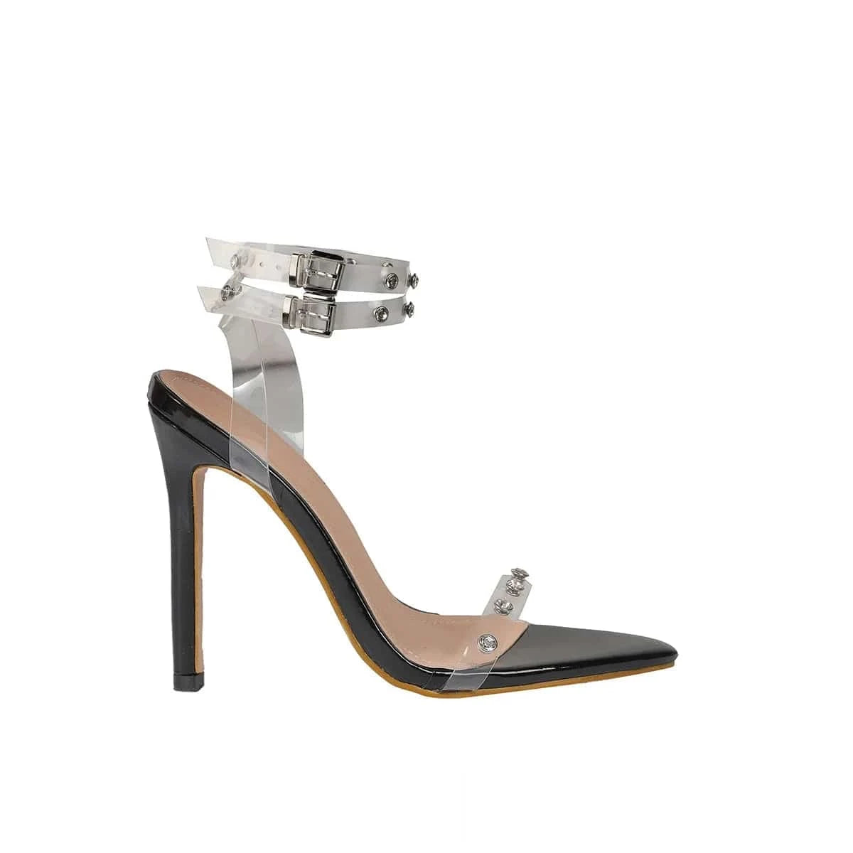 J&H fashion clear pointy heels rhinestone fancy stiletto sandals with metal buckle sexy high heel shoes