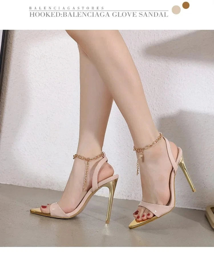 J&H fashion sexy stiletto pointy toe heels ladies fancy chain strap heeled sandals casual summer shoes