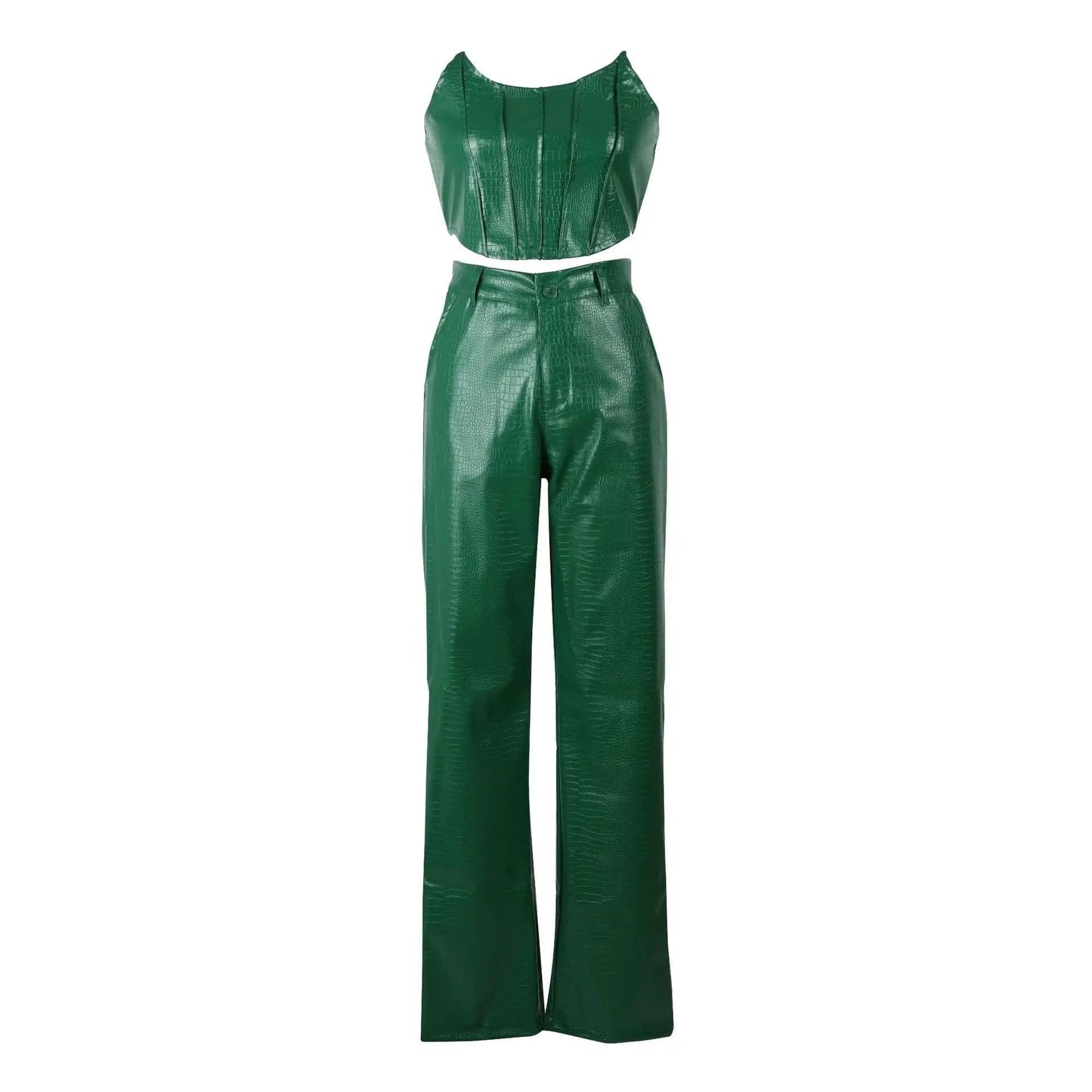J&H High Quality New Arrivals 2024 Summer Sexy Tube Top Pu Leather Straight Pants Fashion Street 2 Piece Set