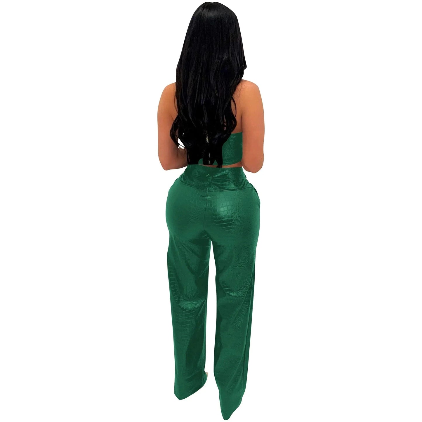 J&H High Quality New Arrivals 2024 Summer Sexy Tube Top Pu Leather Straight Pants Fashion Street 2 Piece Set