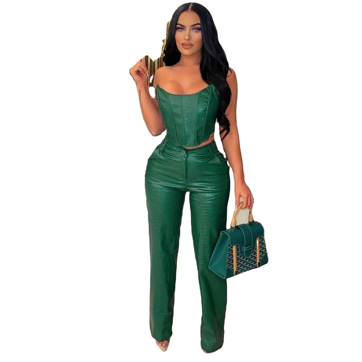 J&H High Quality New Arrivals 2024 Summer Sexy Tube Top Pu Leather Straight Pants Fashion Street 2 Piece Set
