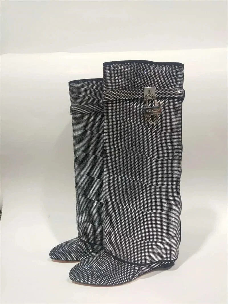 J&H Hot Pink Rhinestone Knee High Boots For Women Wedge Heels Women's Luxury Designer Shoes Metal Lock Shark Boots