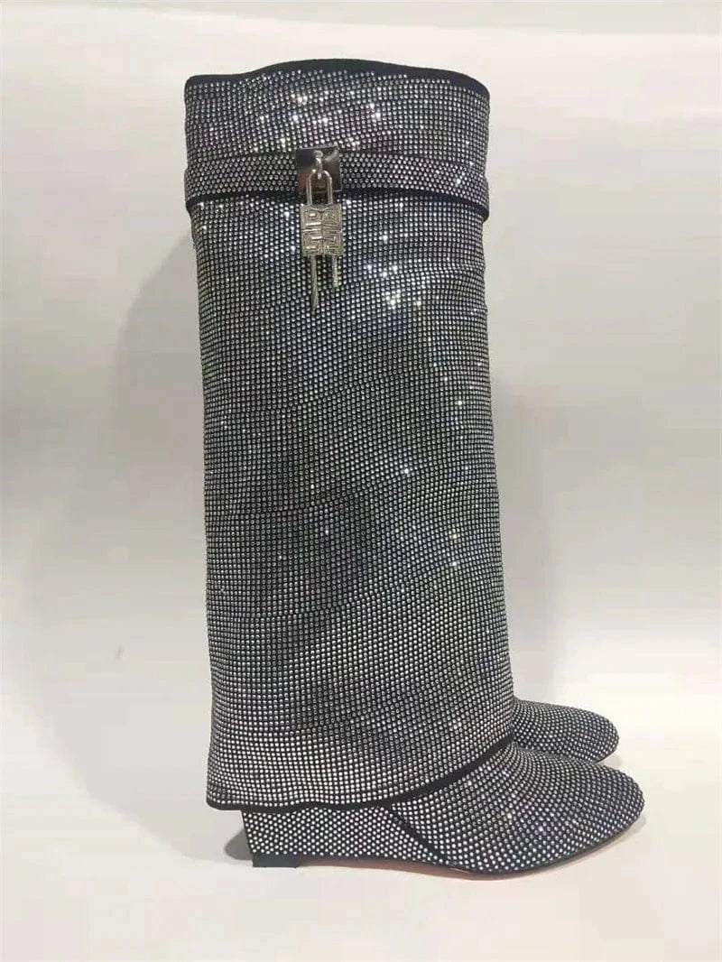 J&H Hot Pink Rhinestone Knee High Boots For Women Wedge Heels Women's Luxury Designer Shoes Metal Lock Shark Boots