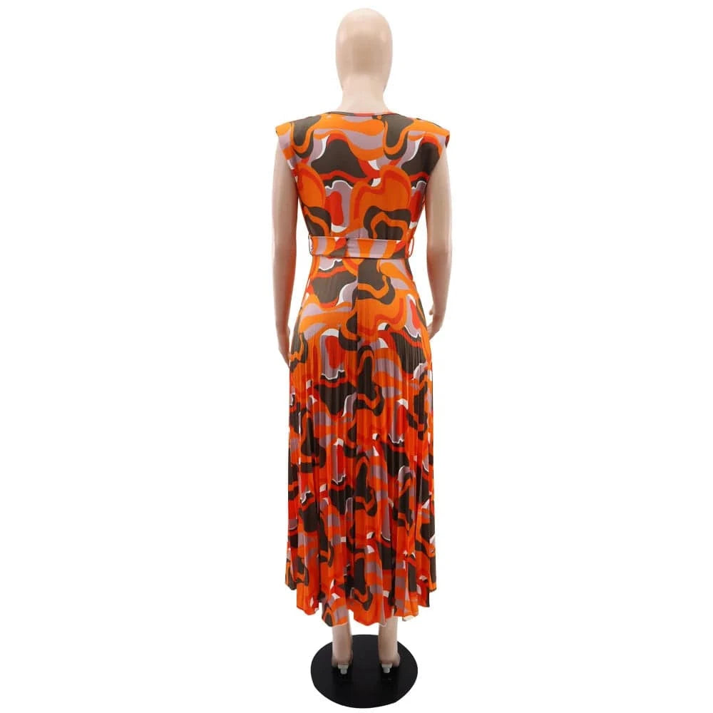 J&H Hot Selling 2024 Summer V-Neck Sleeveless Shoulder Pad Casual Printed Floral Pleated Slim Maxi Dress