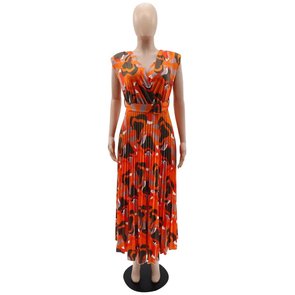 J&H Hot Selling 2024 Summer V-Neck Sleeveless Shoulder Pad Casual Printed Floral Pleated Slim Maxi Dress