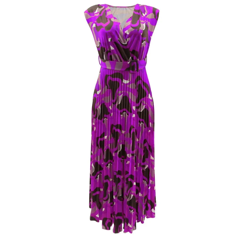 J&H Hot Selling 2024 Summer V-Neck Sleeveless Shoulder Pad Casual Printed Floral Pleated Slim Maxi Dress