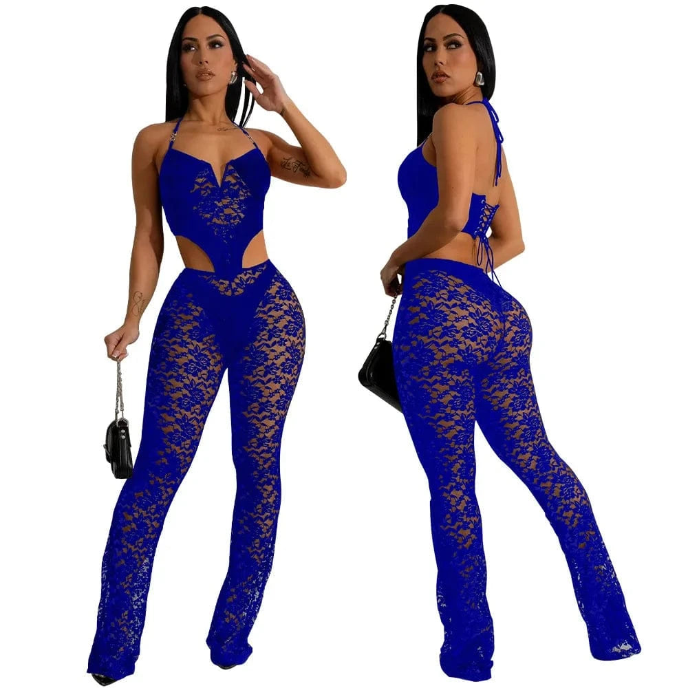 J&H  Latest Design 2024 Women'S Perspective Neck Hanging Set Tight And Sexy Nightclub Lace Two Piece Pants Set