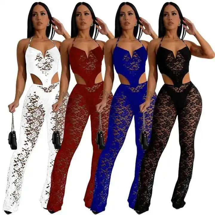J&H  Latest Design 2024 Women'S Perspective Neck Hanging Set Tight And Sexy Nightclub Lace Two Piece Pants Set