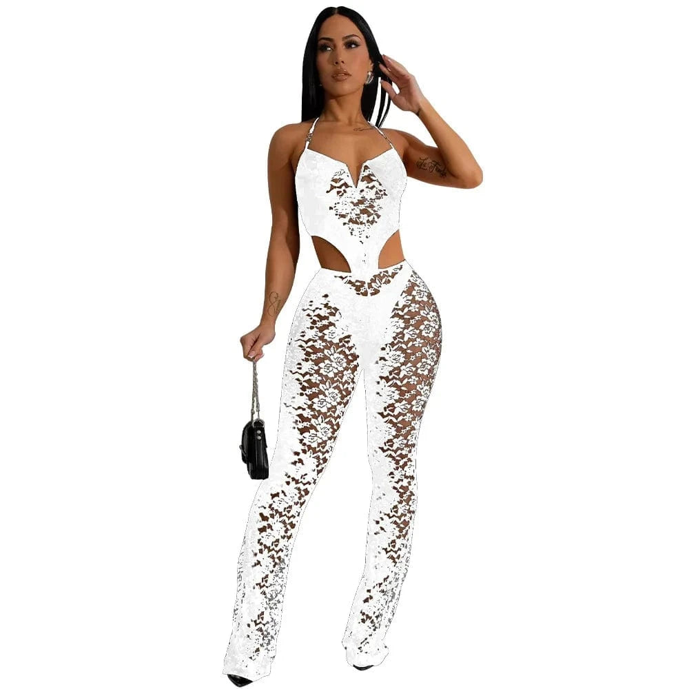J&H  Latest Design 2024 Women'S Perspective Neck Hanging Set Tight And Sexy Nightclub Lace Two Piece Pants Set