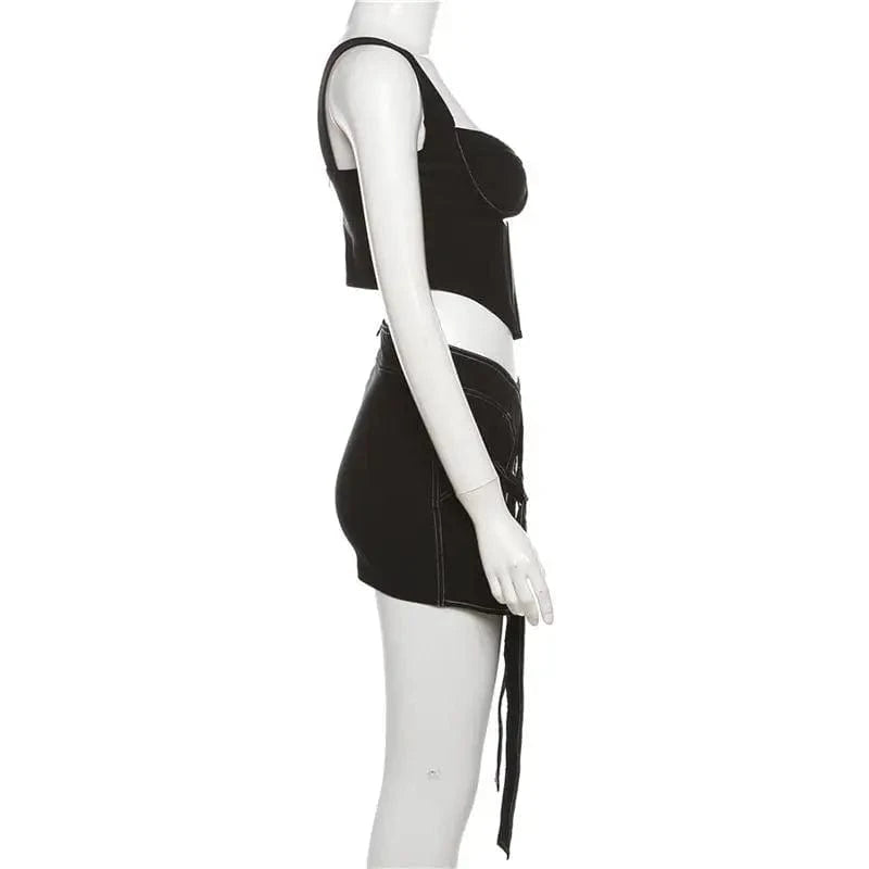 J&H New 2024 Spring Patchwork Sleeveless Cami Crop Top And Short Skirt 2 Piece Set Solid Bodycon Sexy Women's Set