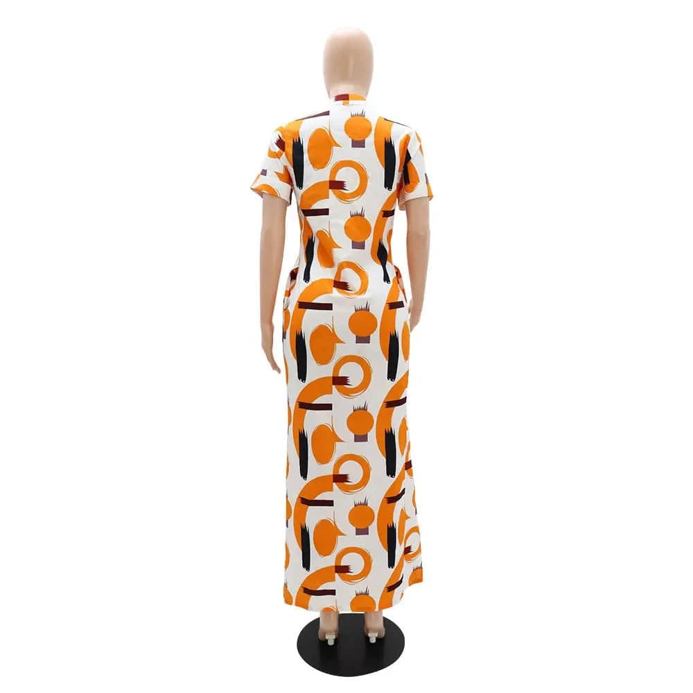 J&H New 2024 Spring Summer Boutique Clothing Women Short Sleeve Stand Neck Casual Dresses Fashion Sexy Printed Maxi Dress