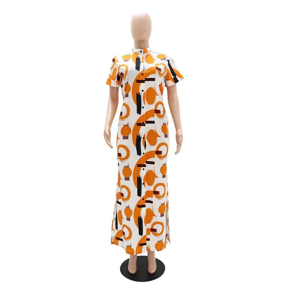 J&H New 2024 Spring Summer Boutique Clothing Women Short Sleeve Stand Neck Casual Dresses Fashion Sexy Printed Maxi Dress