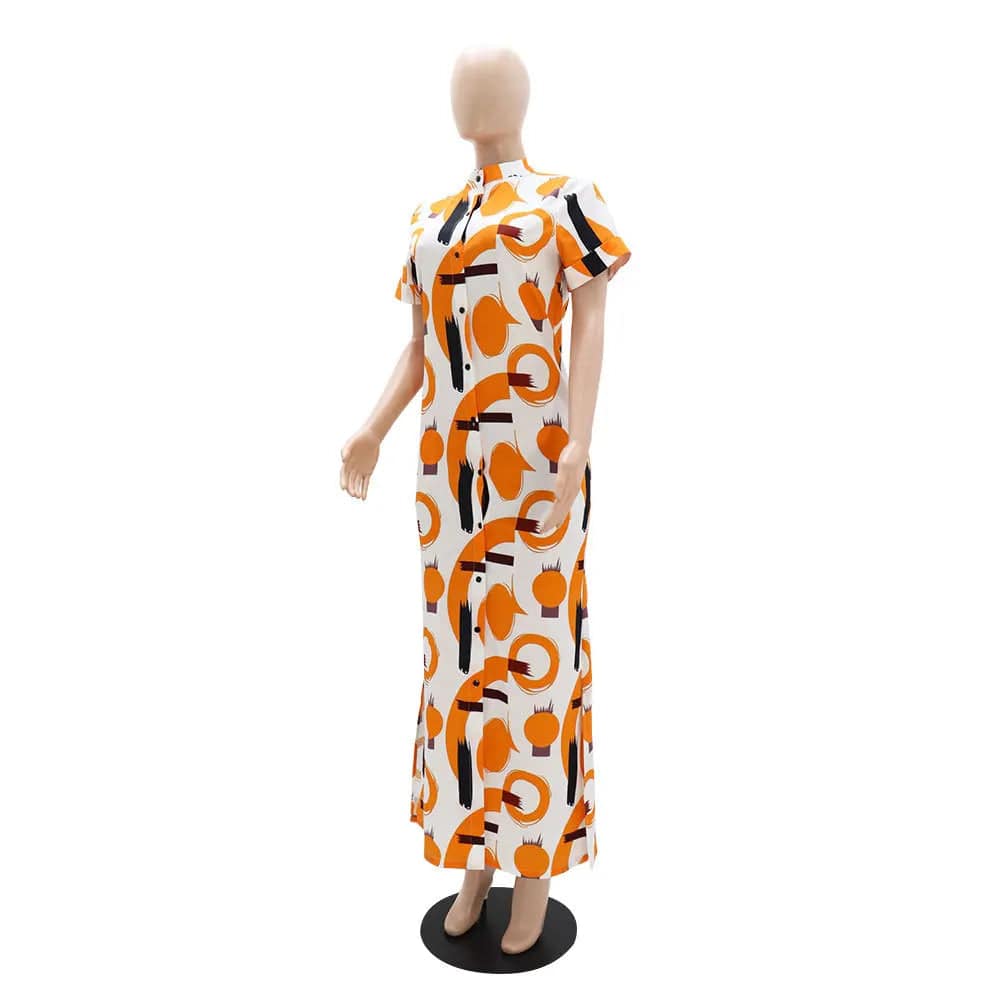 J&H New 2024 Spring Summer Boutique Clothing Women Short Sleeve Stand Neck Casual Dresses Fashion Sexy Printed Maxi Dress