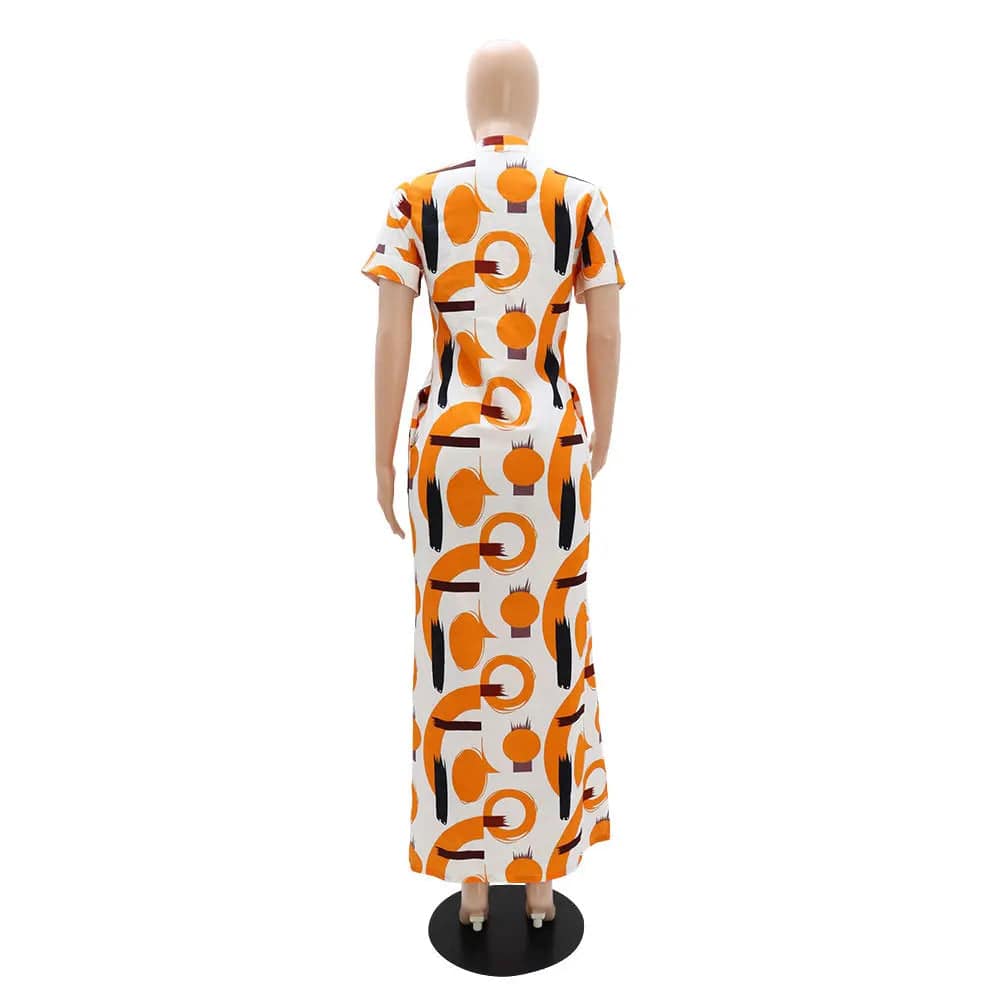 J&H New 2024 Spring Summer Boutique Clothing Women Short Sleeve Stand Neck Casual Dresses Fashion Sexy Printed Maxi Dress