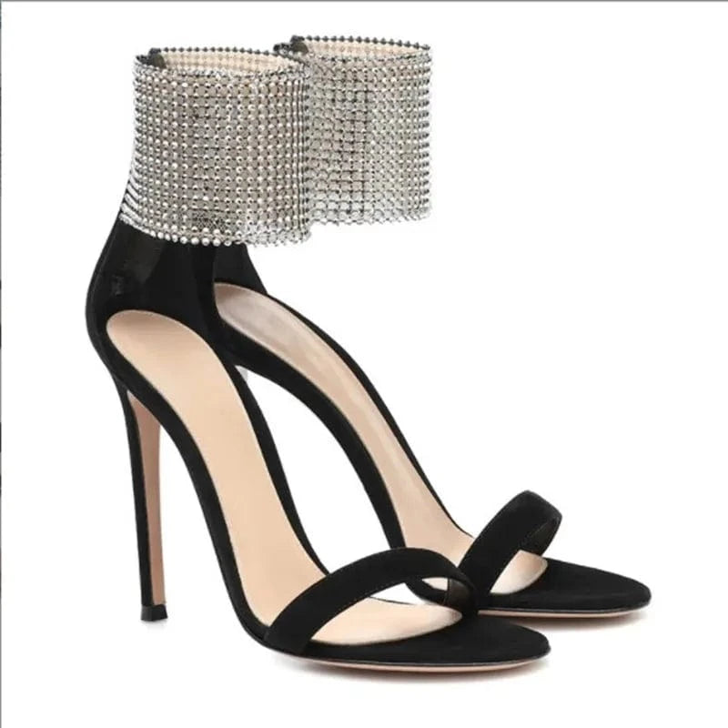 J&H new fashion women sandals high heel crystal flip flop slipper party ladies sexy stiletto rhinestone ankle strap sandale