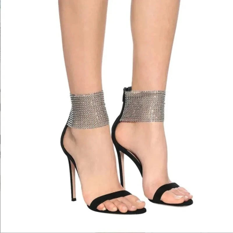 J&H new fashion women sandals high heel crystal flip flop slipper party ladies sexy stiletto rhinestone ankle strap sandale