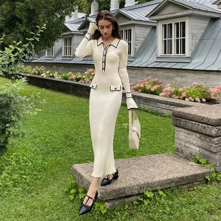 J&H Ruffle Edge Knitted Dress 2024 New European and American Autumn/Winter Woolen Dress Flip Collar Tight Mid length