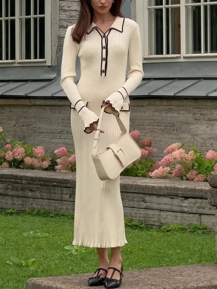 J&H Ruffle Edge Knitted Dress 2024 New European and American Autumn/Winter Woolen Dress Flip Collar Tight Mid length