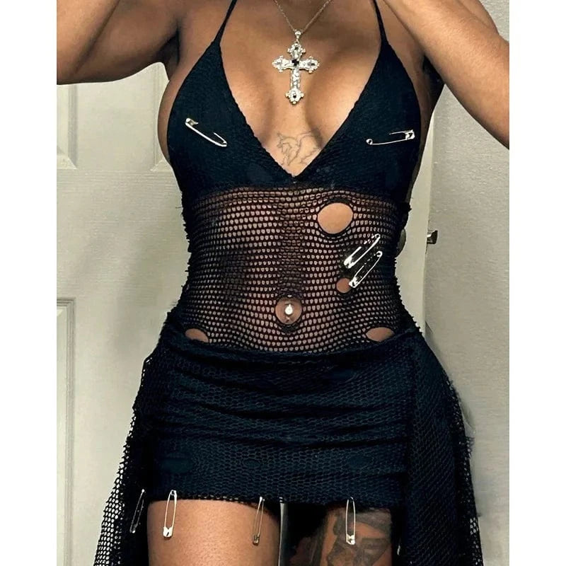 J&H sexy hollow out suspender dress for women 2024 summer black club spicy girl slim fit mini skirt