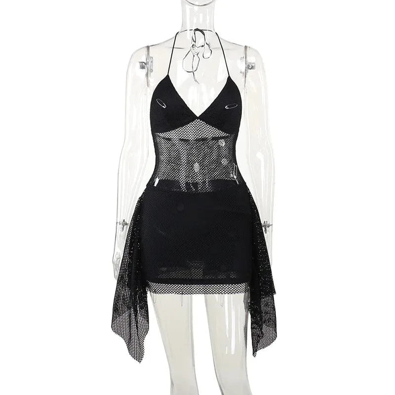 J&H sexy hollow out suspender dress for women 2024 summer black club spicy girl slim fit mini skirt