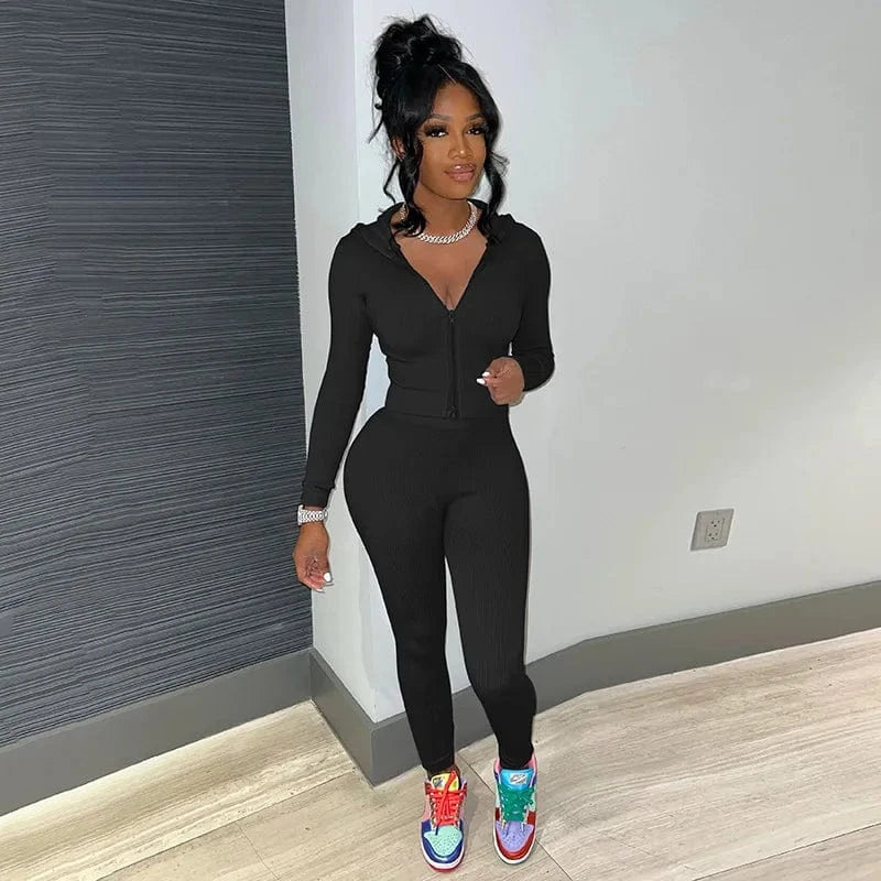 J&H Spring 2024 Clothing Casual Women Zipper Two Piece Outfits Hooded Sweat Suit Jogger Tracksuit Set