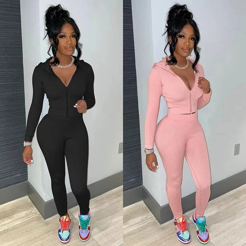 J&H Spring 2024 Clothing Casual Women Zipper Two Piece Outfits Hooded Sweat Suit Jogger Tracksuit Set