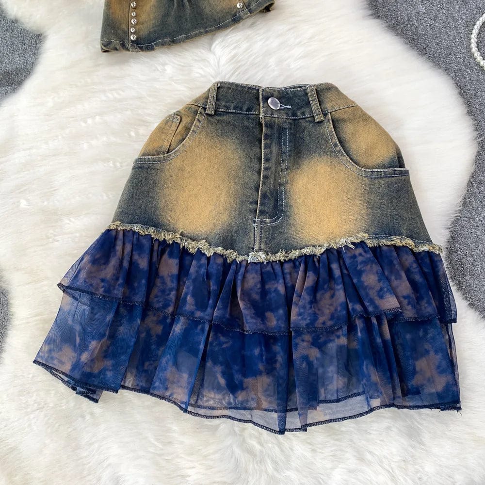 J&H Spring Summer 2024 Denim Y2k 2 Piece Set For Women Top And High Waist Skirts Set Clothing Wholesaleiece