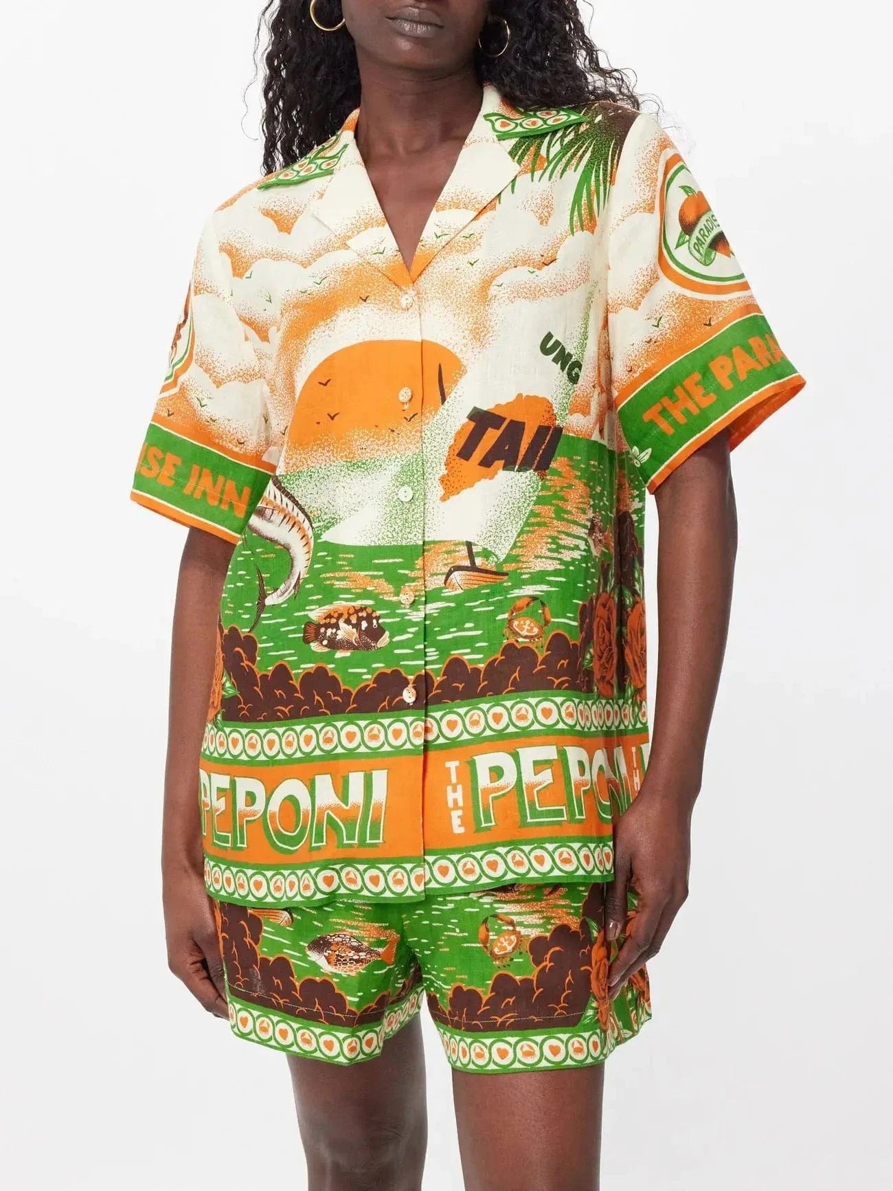 J&H Summer Trendy 2024 Casual Two-Piece Set Of Cotton And Linen Printed Shirts And Shorts Two Piece Set