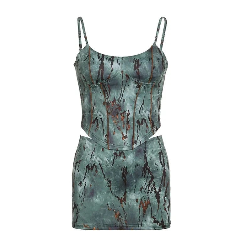 J&H Trend 2024 Camo Ink Print Suspender Crop Top+Mini Skirt 2 Piece Set Fashion Spicy Girl Street Wear Outfits