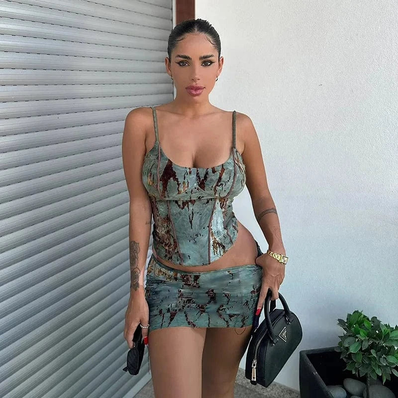J&H Trend 2024 Camo Ink Print Suspender Crop Top+Mini Skirt 2 Piece Set Fashion Spicy Girl Street Wear Outfits