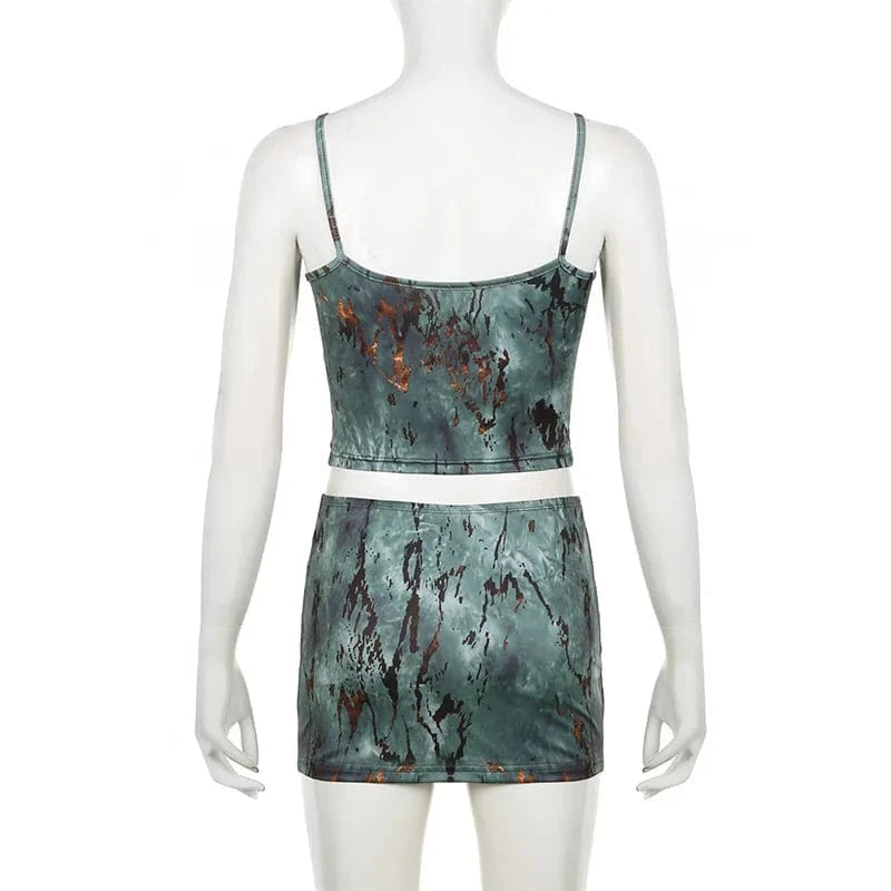 J&H Trend 2024 Camo Ink Print Suspender Crop Top+Mini Skirt 2 Piece Set Fashion Spicy Girl Street Wear Outfits