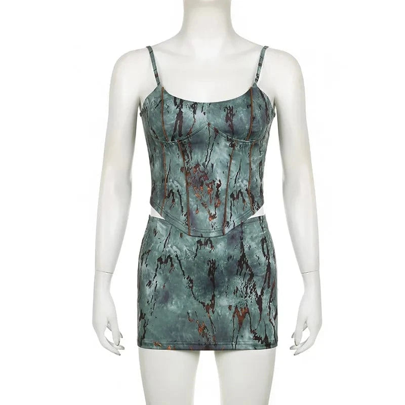 J&H Trend 2024 Camo Ink Print Suspender Crop Top+Mini Skirt 2 Piece Set Fashion Spicy Girl Street Wear Outfits