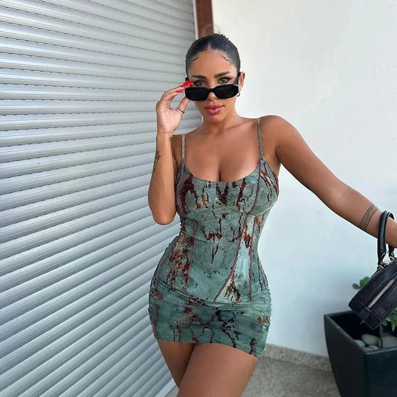 J&H Trend 2024 Camo Ink Print Suspender Crop Top+Mini Skirt 2 Piece Set Fashion Spicy Girl Street Wear Outfits