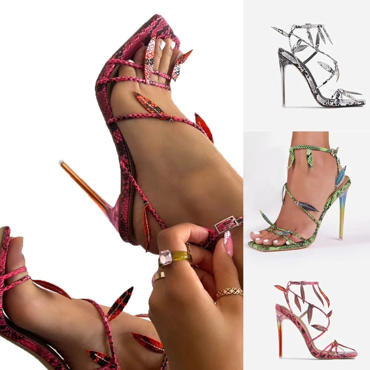 J&H trendy sexy snakeskin square toe stiletto heeled sandals ladies chic fancy summer high heel shoes
