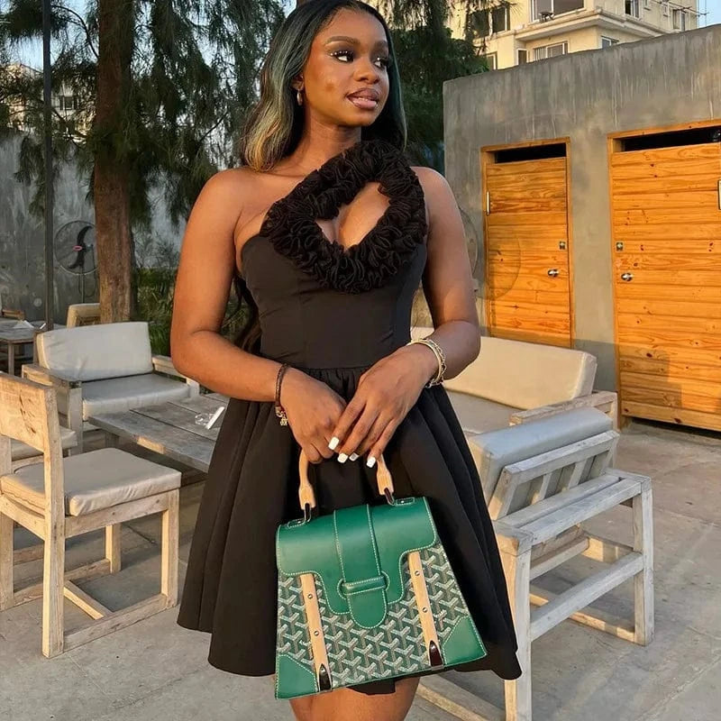 J&H Trendy Summer 2024 Black Sexy One Shoulder Cut Out Tight Waist Slim Fit Club Street Pleated Mini Dress