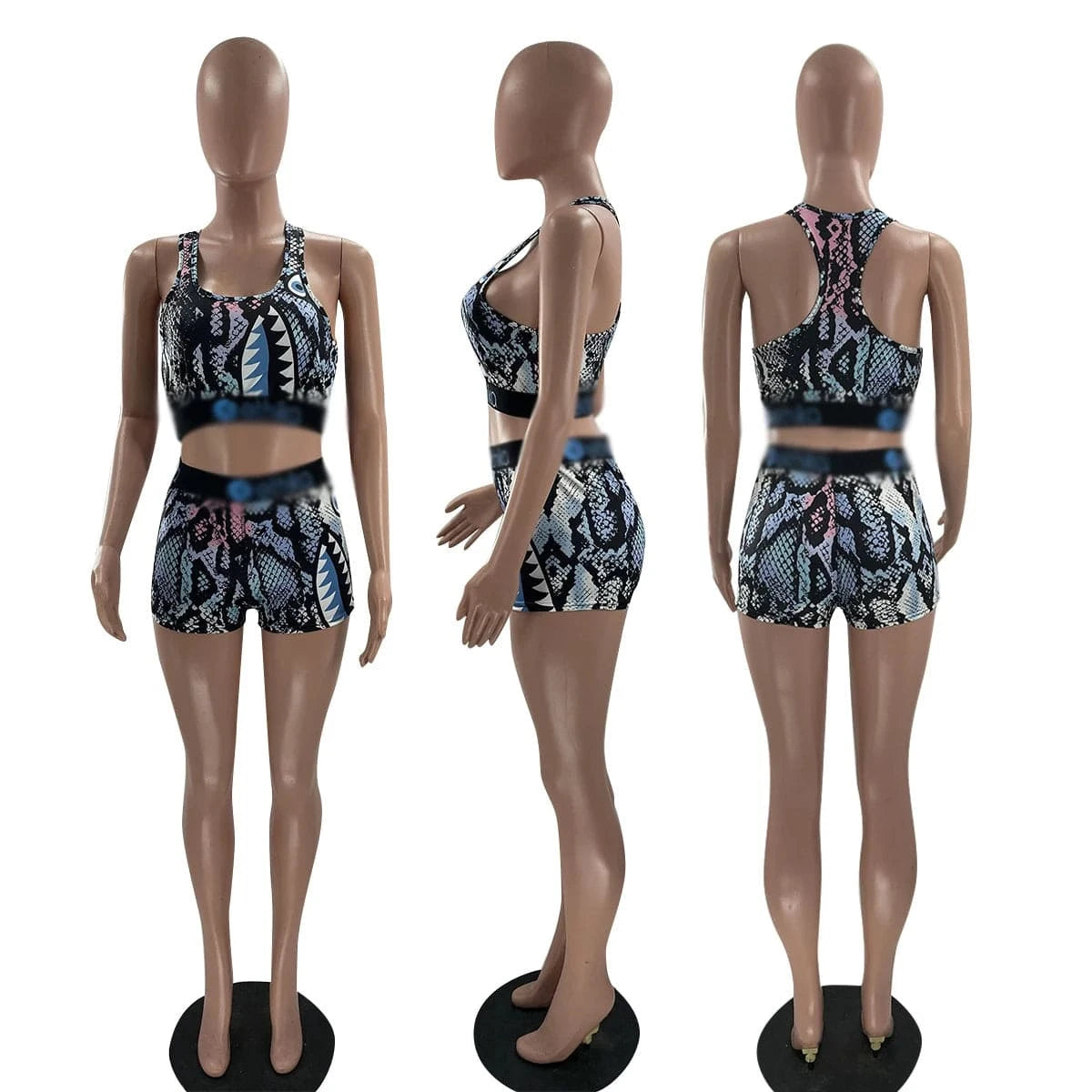 J9243 2021 Summer Women Skinny Short Set Quick Dry Bodysuits Printed Elastic Crop Top Sexy Biker Shorts Women XS Two Piece Set