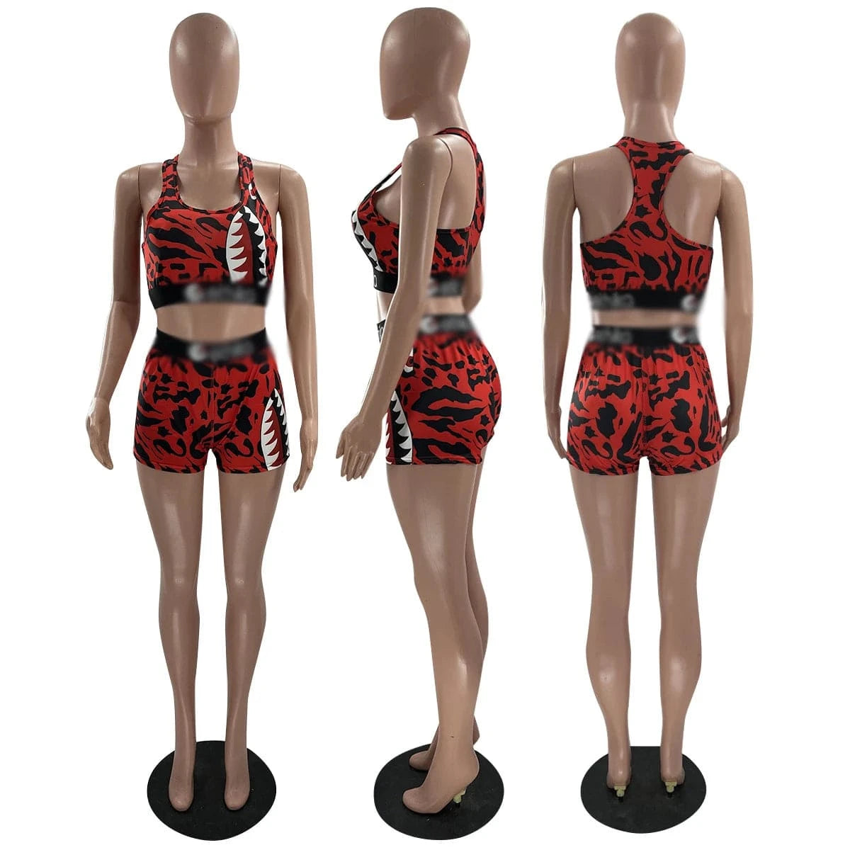 J9243 2021 Summer Women Skinny Short Set Quick Dry Bodysuits Printed Elastic Crop Top Sexy Biker Shorts Women XS Two Piece Set