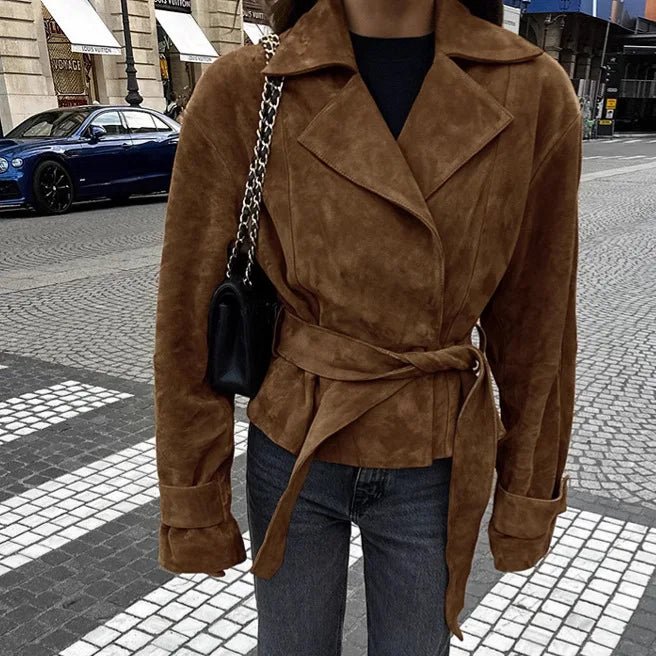 Jacket With Tie Up Collar And Brown Suede Pleated Design For Autumn High Street Style - SN Wigs & More