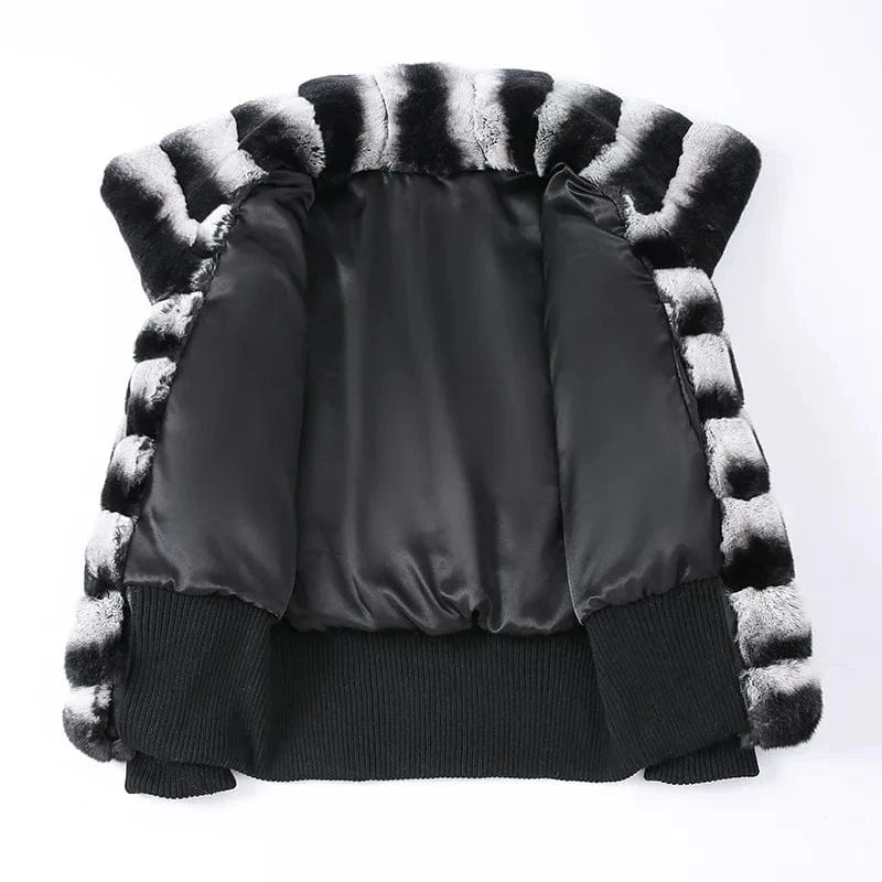 Jancoco Winter Luxury Rex Rabbit Fur Jacket Cropped Women Real Chinchilla Fur Coat