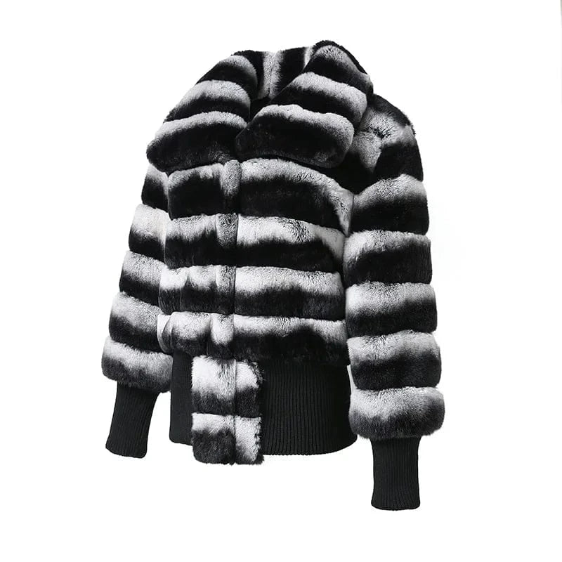 Jancoco Winter Luxury Rex Rabbit Fur Jacket Cropped Women Real Chinchilla Fur Coat